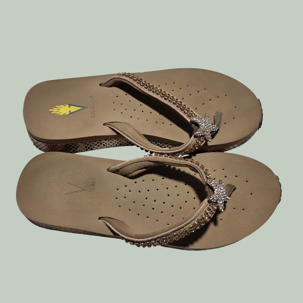 Volatile Womens Size 7 Rhinestone Starfish‎ Platform Flip Flops Snakeskin Wedge